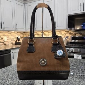 Dooney & Bourke Brown Suede Dark Brown Pebbled Leather Trim Satchel Vintage